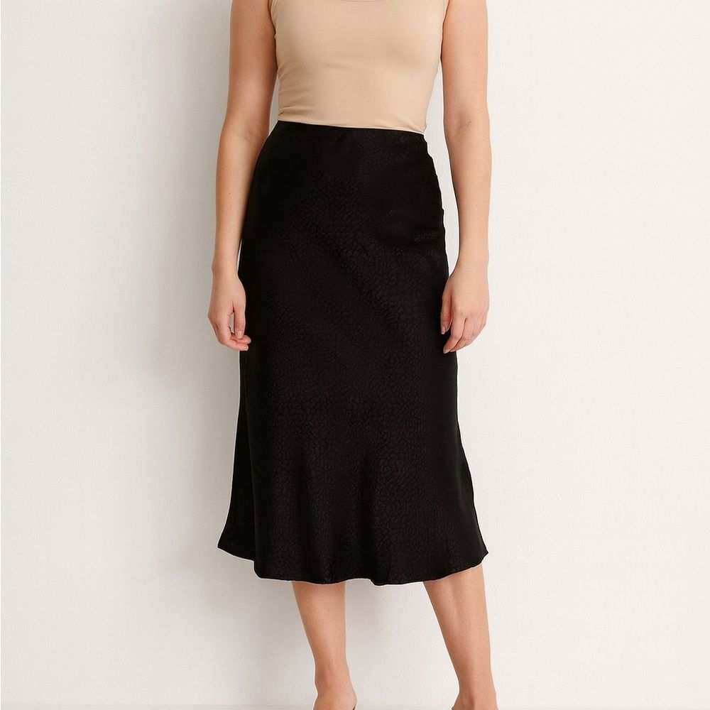 Umgee Black Midi Slip Skirt XL Satin Leopard Jacquard Flowy Elegant Chic